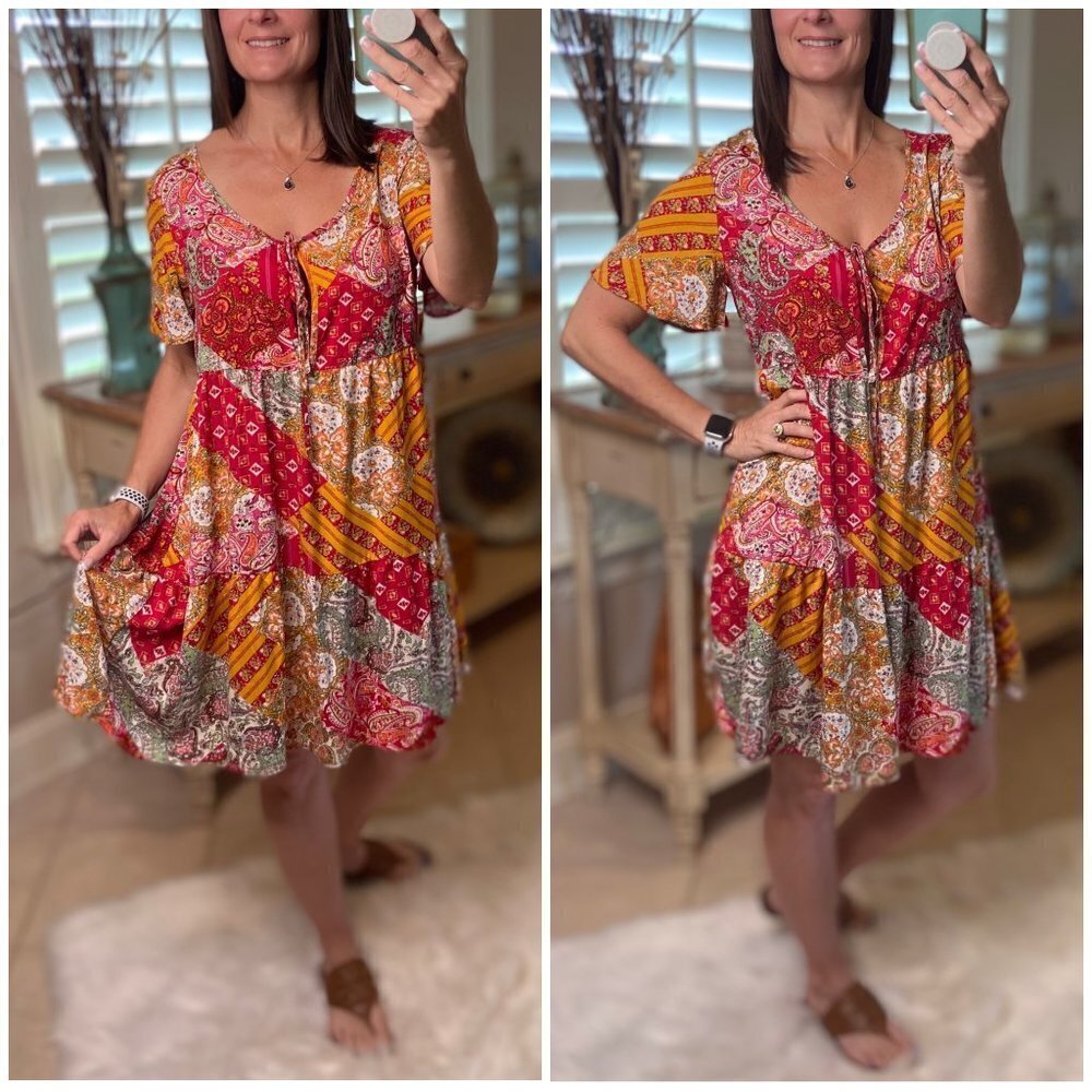 Boho Patchwork Floral V Neck Tie Keyhole Babydoll Chic Dress Red 1821